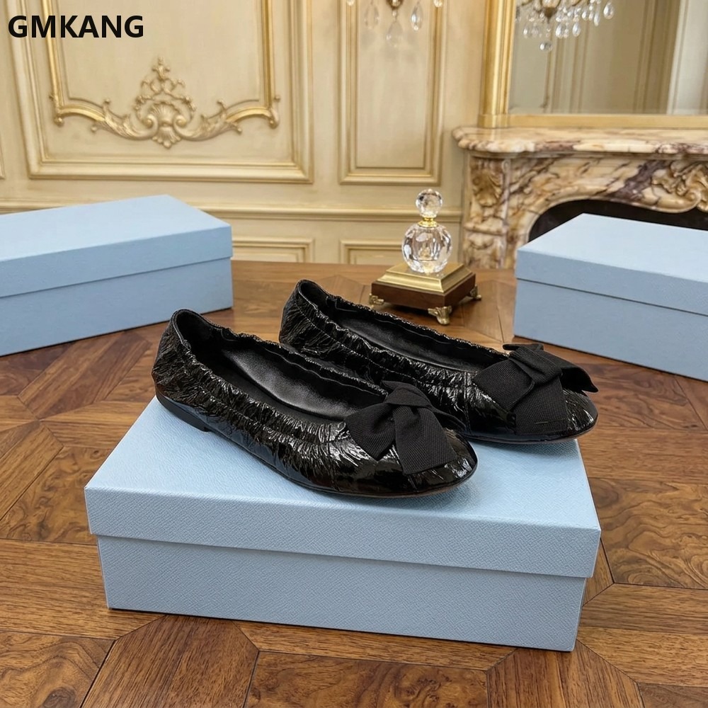 Leather Work Flats Women - Dames Ballerina's met strik, geplooide casual