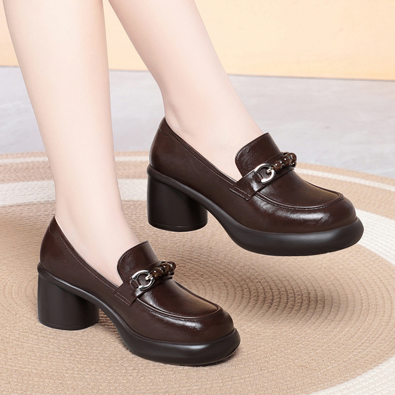 Leather Work Flats Women - Dames loafers met chunky hak, versierd