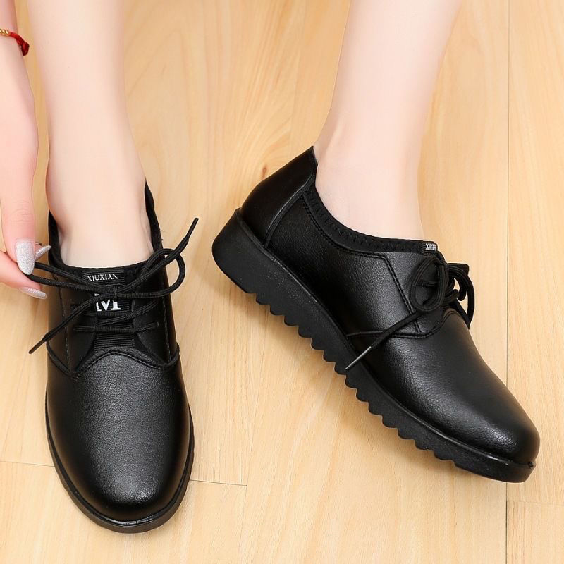 Leather Work Flats Women - Effen zwarte Oxford schoenen voor dames,