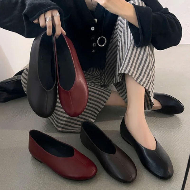 Leather Work Flats Women - 2026 Lente Nieuwe Dames Bordeauxrode Instappers